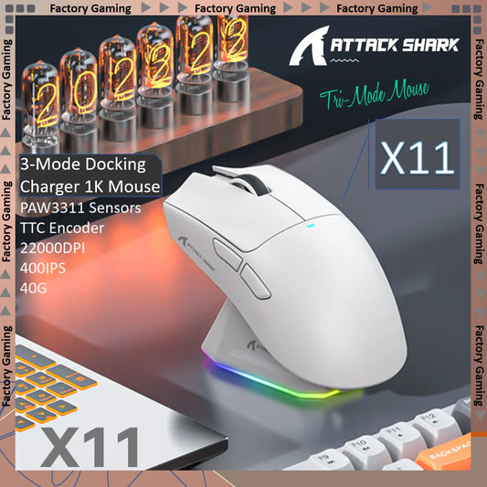 ATTACK SHARK X11 lahka tri-načinska gaming miška s PAW3311, 22000DPI, 400IPS, 40G, 59g, magnetnim hitrim polnjenjem in RGB osvetlitvijo ozadja