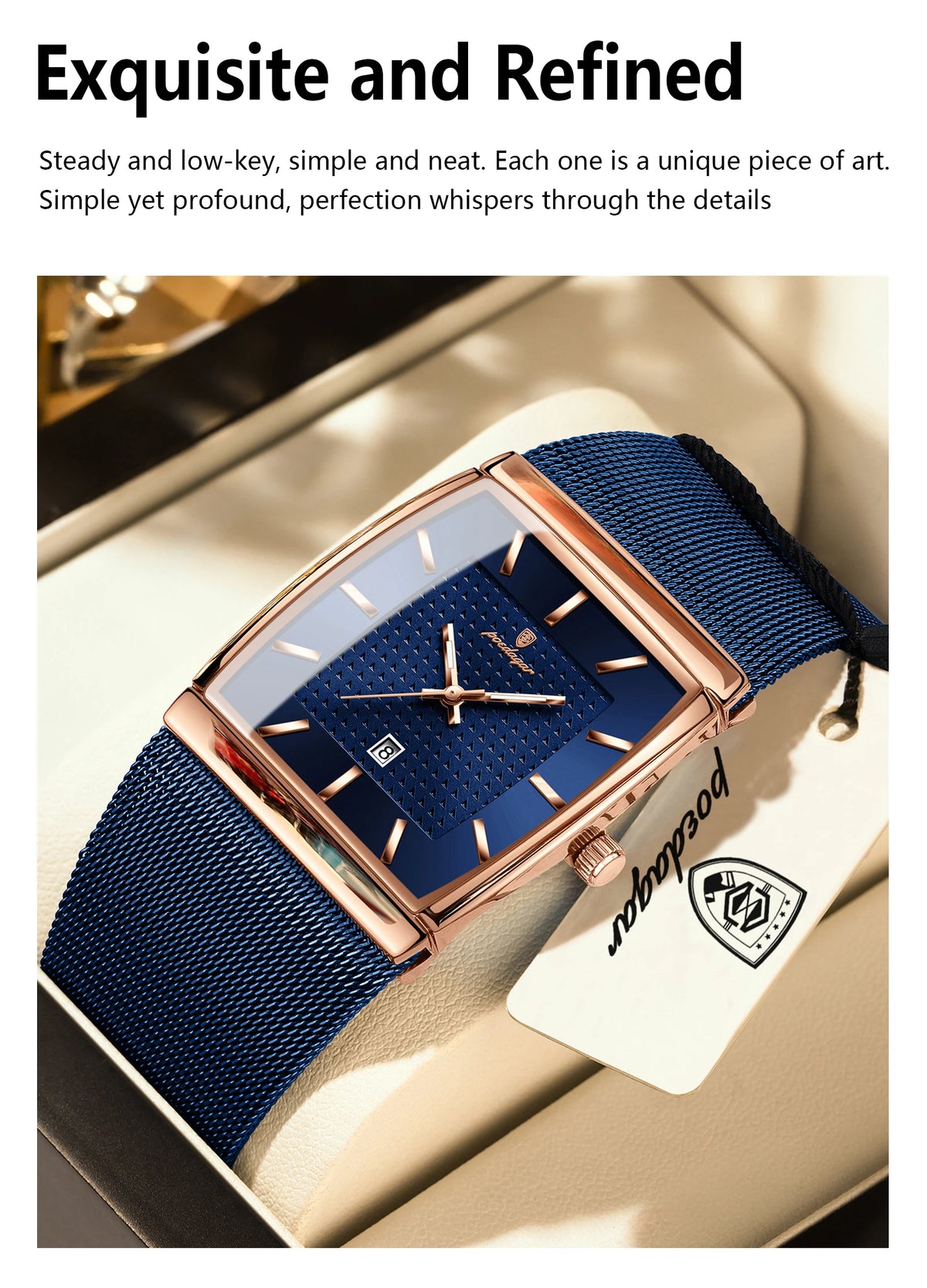 POEDAGAR Men’s Luxury Rectangle Quartz Watch Stainless Steel Mesh Strap, Luminous Dial & Date