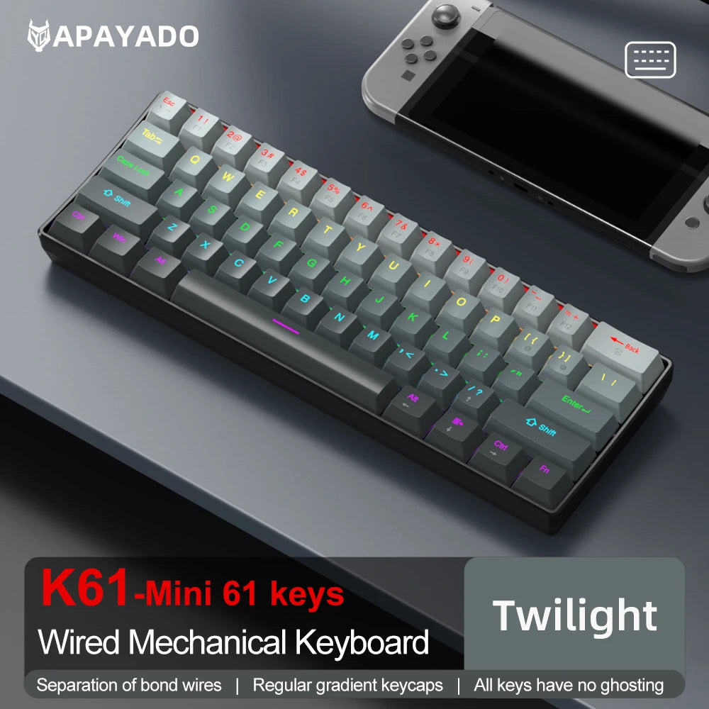 APAYADO K61 Mini Mechanische Tastatur, kabelgebunden, 61 Tasten, Phantom RGB, mechanischer Schalter in Schwarz/Weiß/Rot/Blau für Gaming, 60 % tragbar