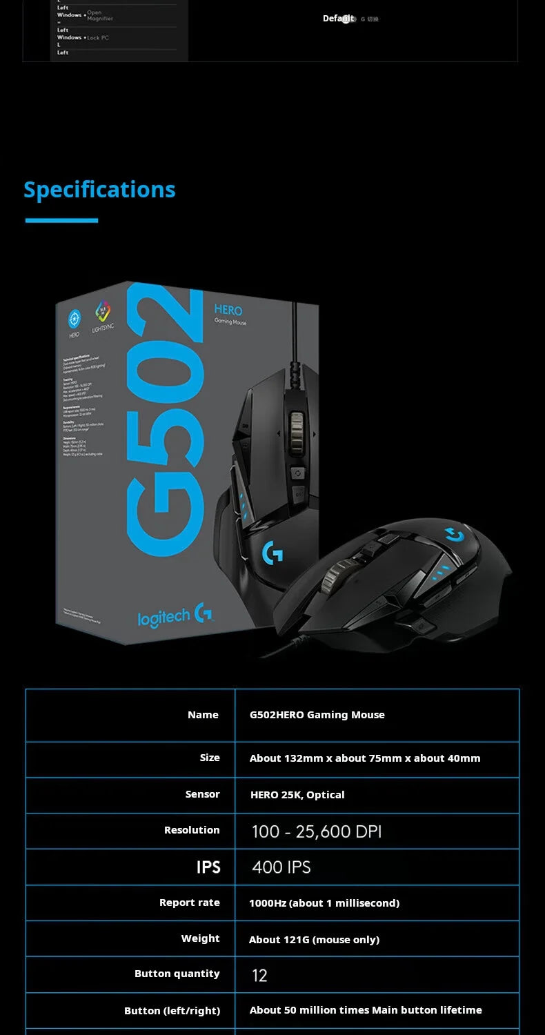 Mouse gaming cablato Logitech G502 HERO per e-sport, mouse meccanico con luce RGB, peso regolabile e macro programmabili per “Chicken Dinner”