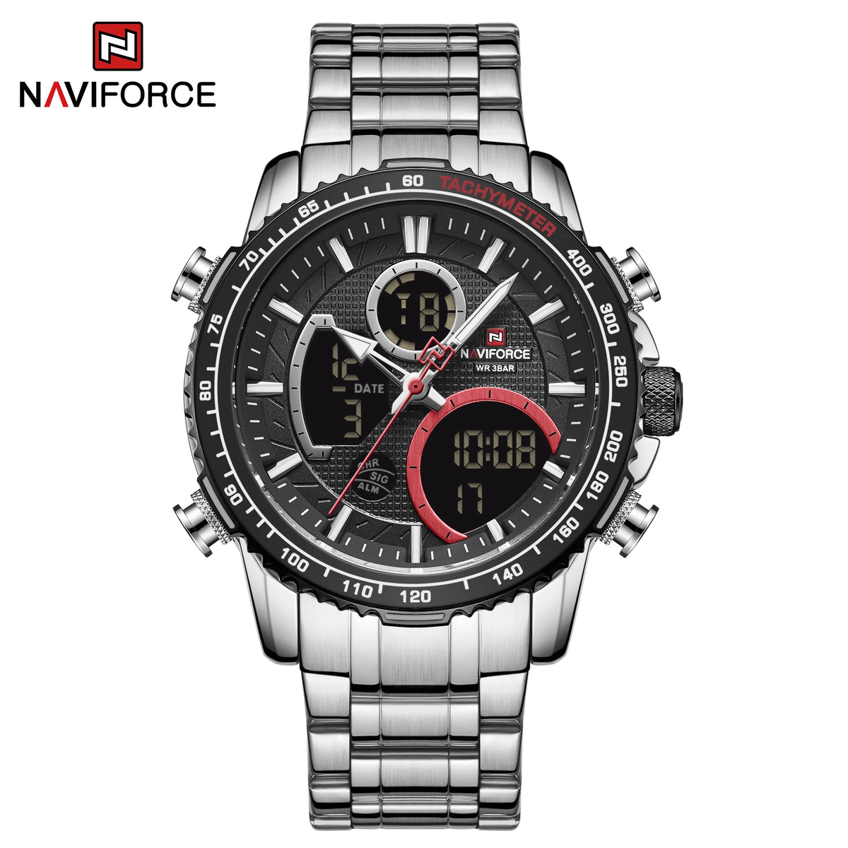 Мъжки спортен часовник NAVIFORCE – Оригинален луксозен ръчен часовник от неръждаема стомана, водоустойчив модел във военен стил с двойно показване