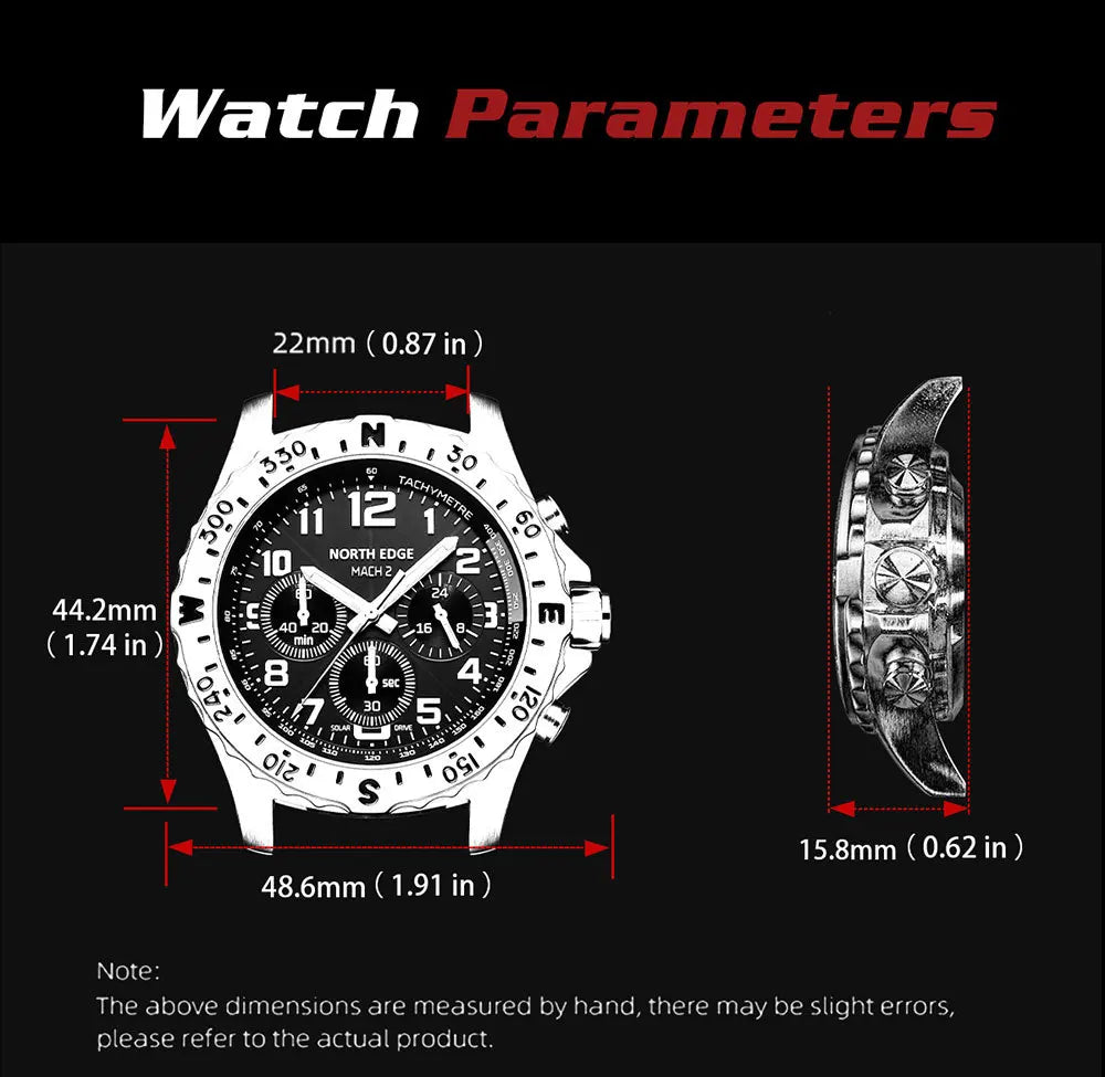 NORTH EDGE Men's Watches Solar Power 316 Stainless Steel Case Quartz Watch for Men Pilot Waterproof 50M Stopwatch