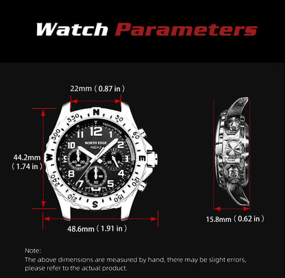 NORTH EDGE Men's Watches Solar Power 316 Stainless Steel Case Quartz Watch for Men Pilot Waterproof 50M Stopwatch