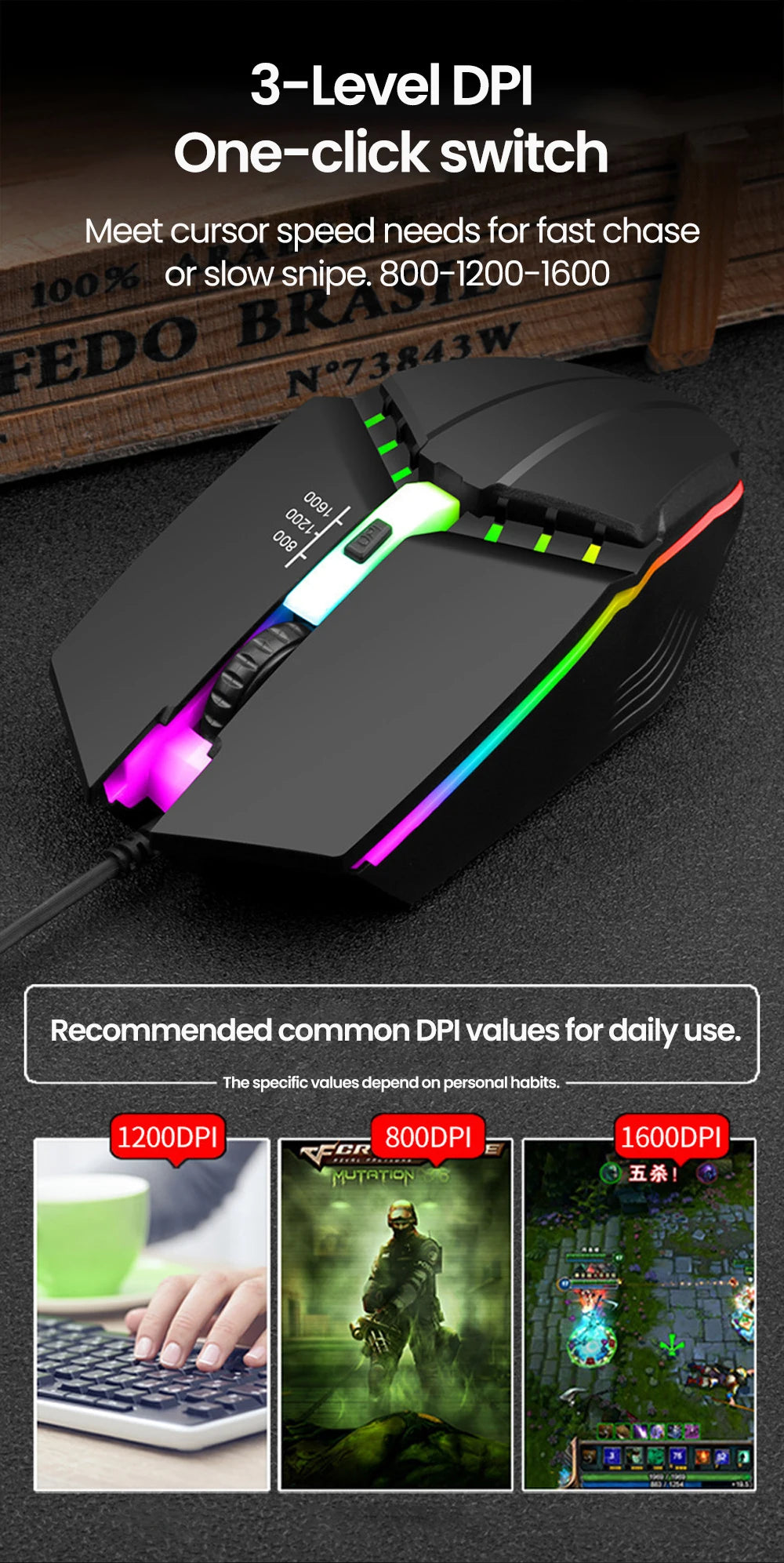 Ενσύρματο RGB Gaming Ποντίκι USB με Οπίσθιο Φωτισμό, Αθόρυβη Λειτουργία, LED Φωτισμό, 1600DPI, για Desktop PC, Notebook, Υπολογιστή, Σπίτι και Γραφείο