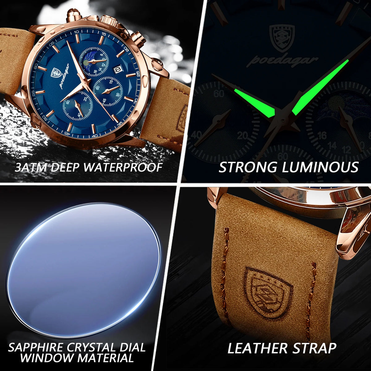 POEDAGAR Sportig lyxig herrklocka med kvartsverk, vattentät kronograf, självlysande datum, armbandsur för affärsbruk, läderarmband, herrklockor