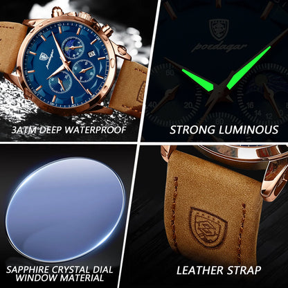 POEDAGAR Sportig lyxig herrklocka med kvartsverk, vattentät kronograf, självlysande datum, armbandsur för affärsbruk, läderarmband, herrklockor