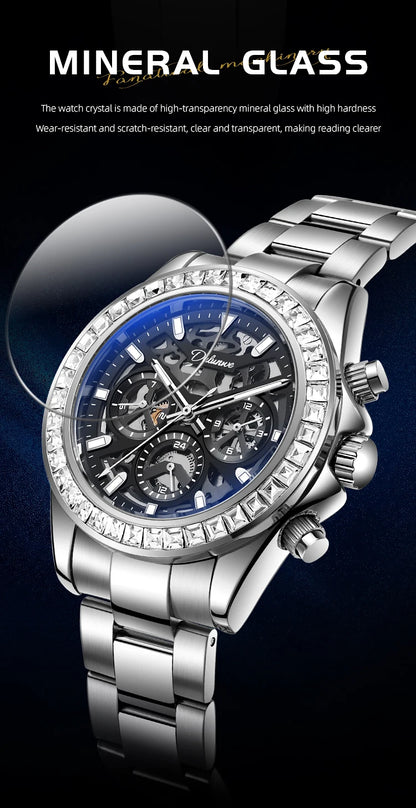 Diamond Bezel Stainless Steel Automatic Watch Fashion Mulitfunction Waterproof Luminous Mechanical Watches for Men
