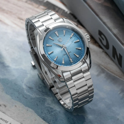 „Watchdives“ laikrodis WD0006, mechanizmas VH31 su sklandžiai veikiančia sekundės rodykle, išgaubtas safyro stiklas, švytinti danga BGW9, atsparus vandeniui iki 10 barų, 38 mm, klasikinis stilius