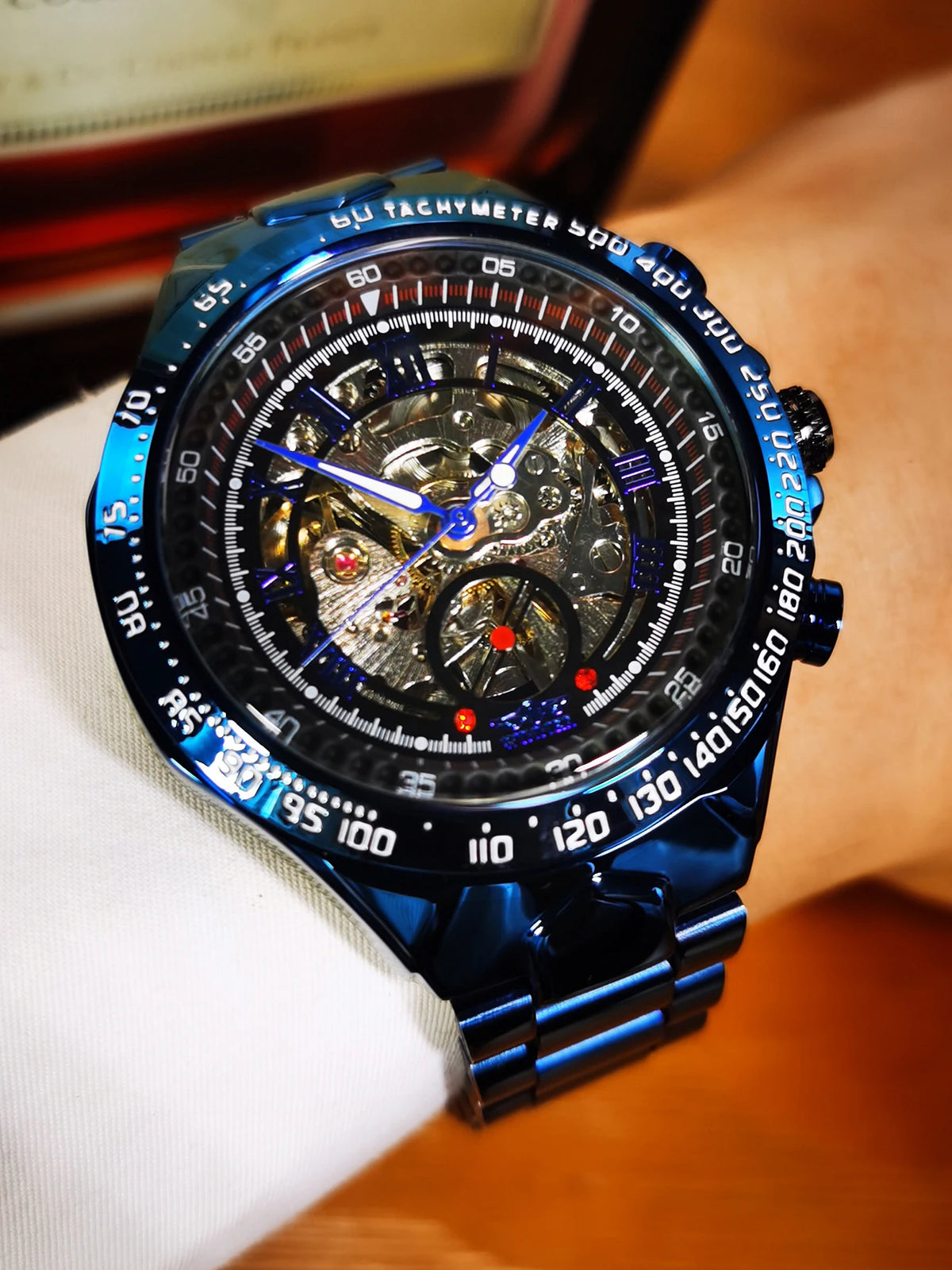 Montre automatique pour homme WINNER – Modèle squelette transparent, aiguilles luminescentes, bracelet en acier inoxydable, montre mécanique de marque de luxe