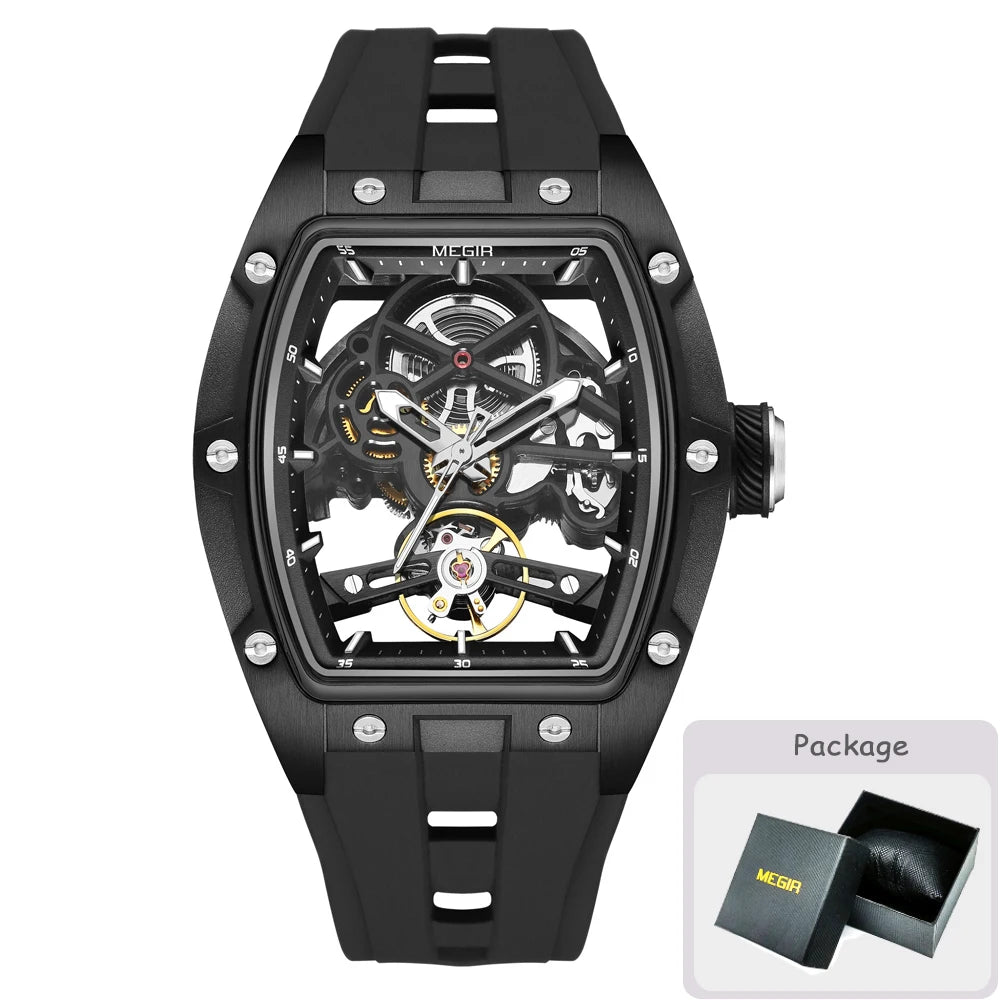 Relógio mecânico para homem MEGIR, formato de barril, mostrador esqueletizado com aberturas, estilo desportivo, bracelete em silicone, relógio automático de luxo