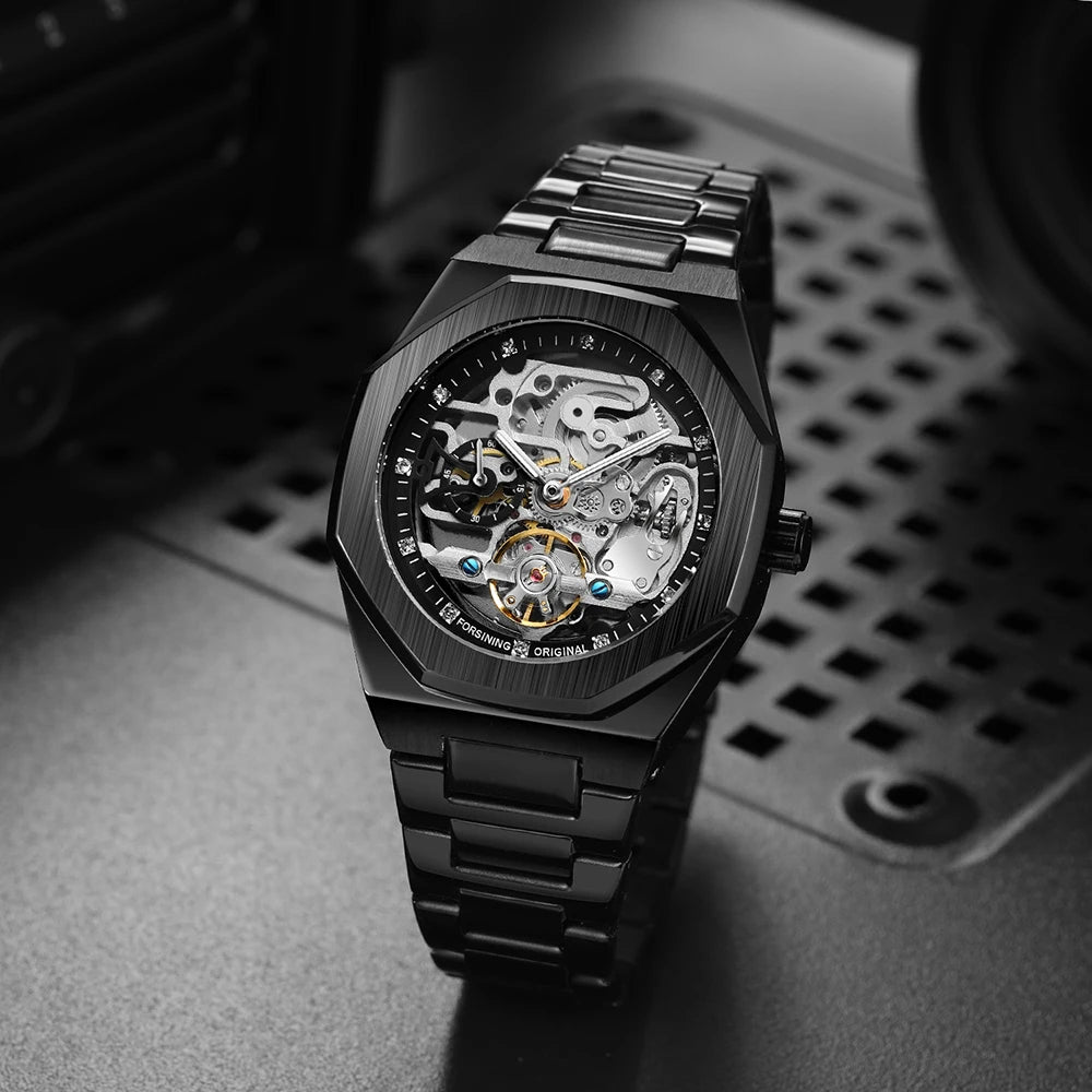 Forsining Tourbillon Skeleton Mechanical Watch for Men Luminous Hands Stainless Steel Strap Fashion Business Automatic Watches