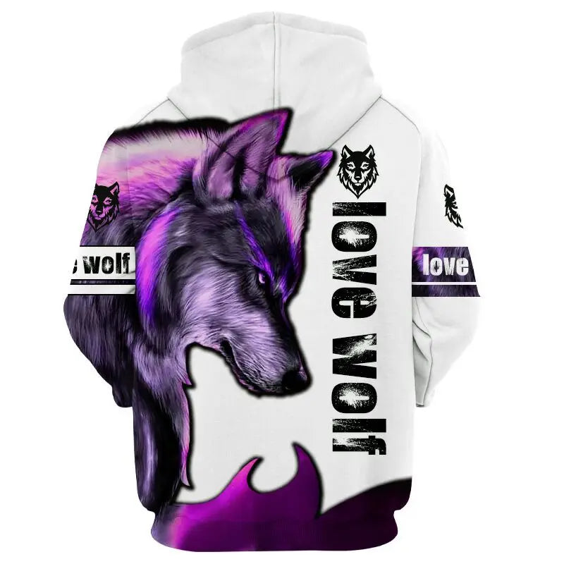 Modna jesenska kapuca z motivom leva in volka, bela tigrska koža, 3D-potisk po celotni površini, moška majica z dolgimi rokavi, unisex pulover, casual jakna