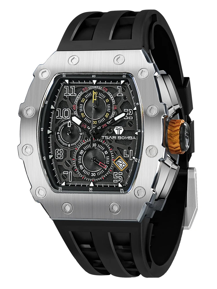 Reloj TSAR BOMBA para hombre, marca de lujo, diseño tonneau, impermeable, de acero inoxidable, reloj de pulsera de moda rectangular para hombre