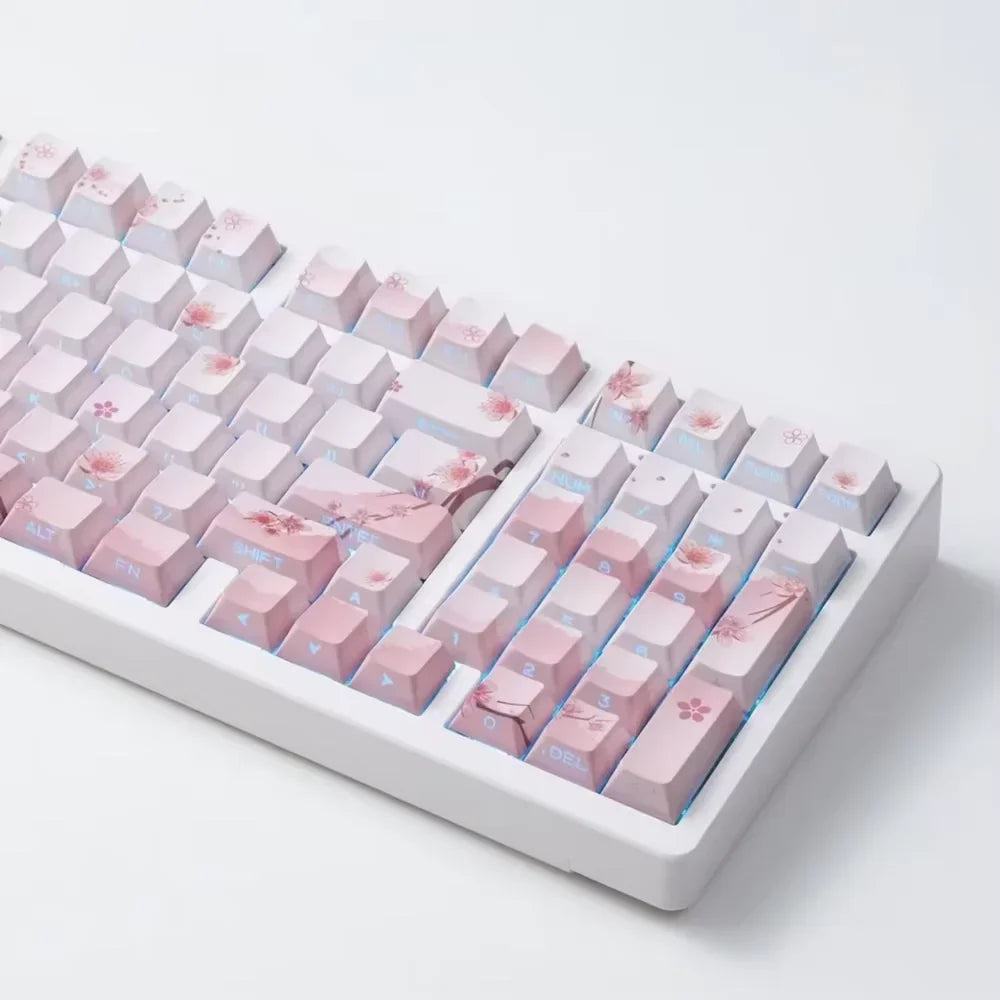 Conjunto de Keycaps Sakura Pink com Gravação Lateral em PBT Translúcido, 127 Teclas para Teclados Mecânicos MX Switch 60/84/90/104/108