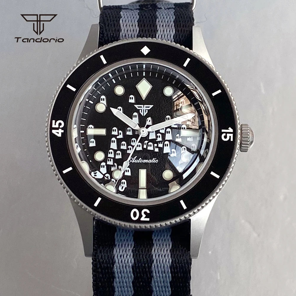 Tandorio Domed Sapphire 40mm Mechanical 50-Fathoms Style Diver Fashion Automatic Men Watch Miyota8215/PT5000 Luminous Ghost Dial