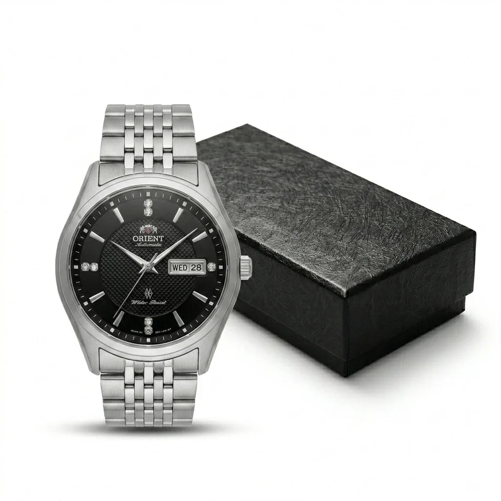 Relógio mecânico automático para homem da Orient, com calendário duplo (data e dia da semana), índices em cristal e bracelete em aço inoxidável – Relógio de pulso de estilo profissional