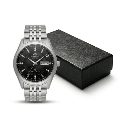 Relógio mecânico automático para homem da Orient, com calendário duplo (data e dia da semana), índices em cristal e bracelete em aço inoxidável – Relógio de pulso de estilo profissional