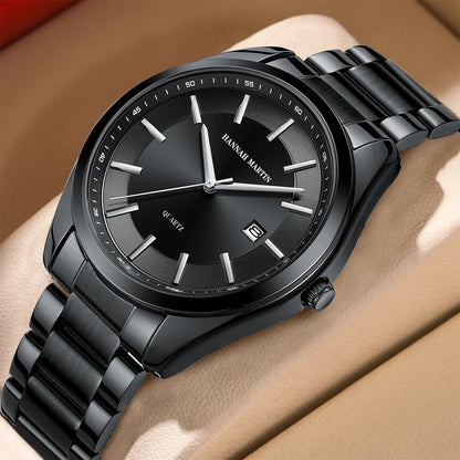 HANNAH MARTIN quartzhorloge, 40 mm, voor heren, zwarte roestvrijstalen armband, waterdicht tot 3 bar, sport-chique stijl