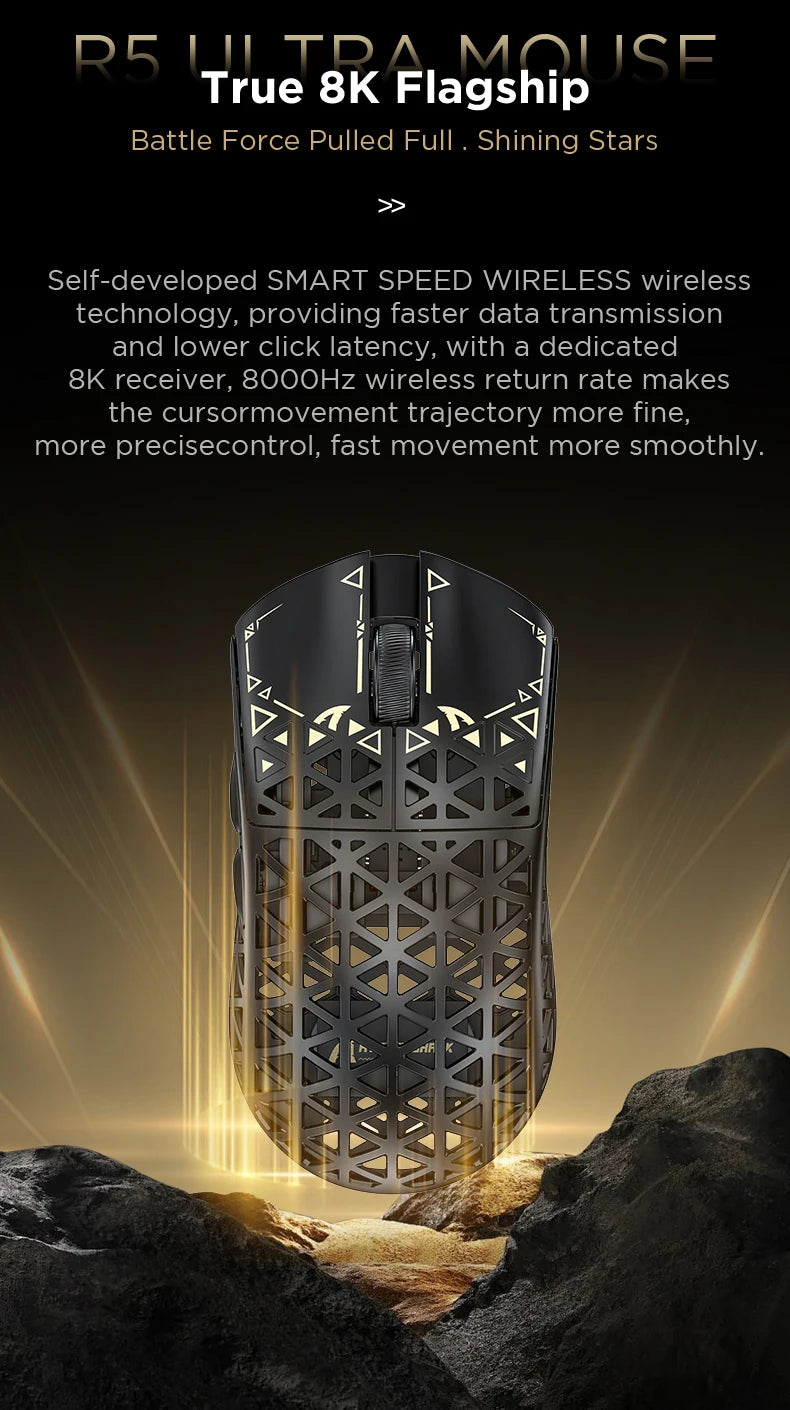 Mouse de gaming wireless ATTACK SHARK R5 Ultra Carbon Fiber, senzor de gaming PixArt PAW3950MAX, 42000DPI, 8000Hz, MCU Nordic 52840