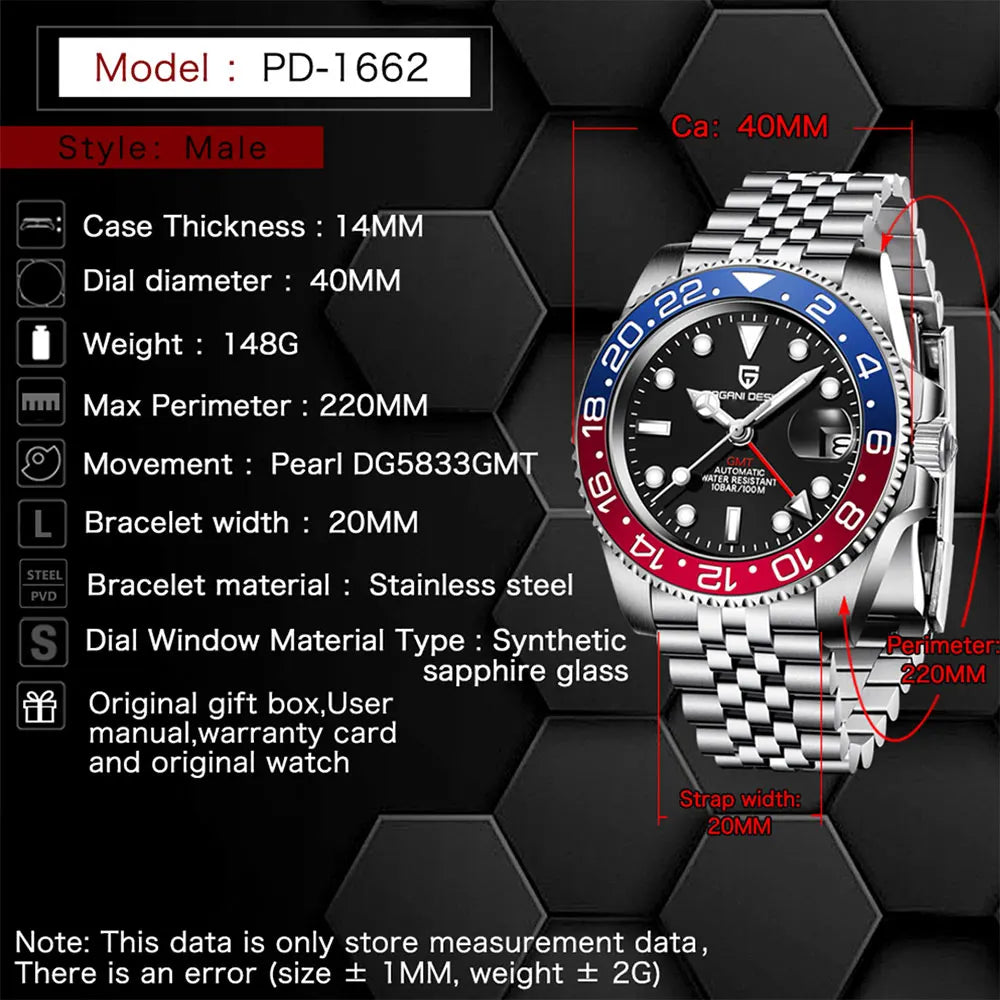 GMT Wristwatch PAGANI DESIGN Automatic Watch 40mm Mens Watch Top Brand Mechanical Watch 100M Waterproof Luminous Watches PD-1662