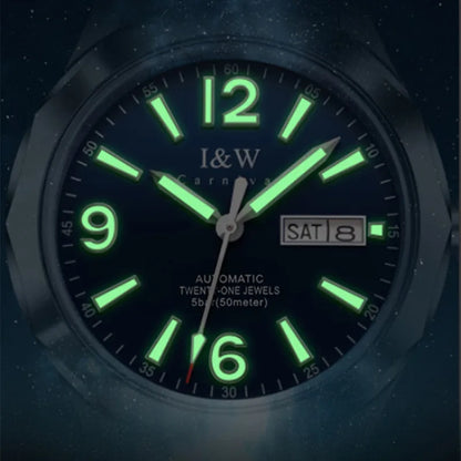 Prabangus mechaninis vyriškas laikrodis „Reloj CARNIVAL“ iš volframo, su automatiniu mechanizmu „MIYOTA 8205“, atsparus vandeniui.