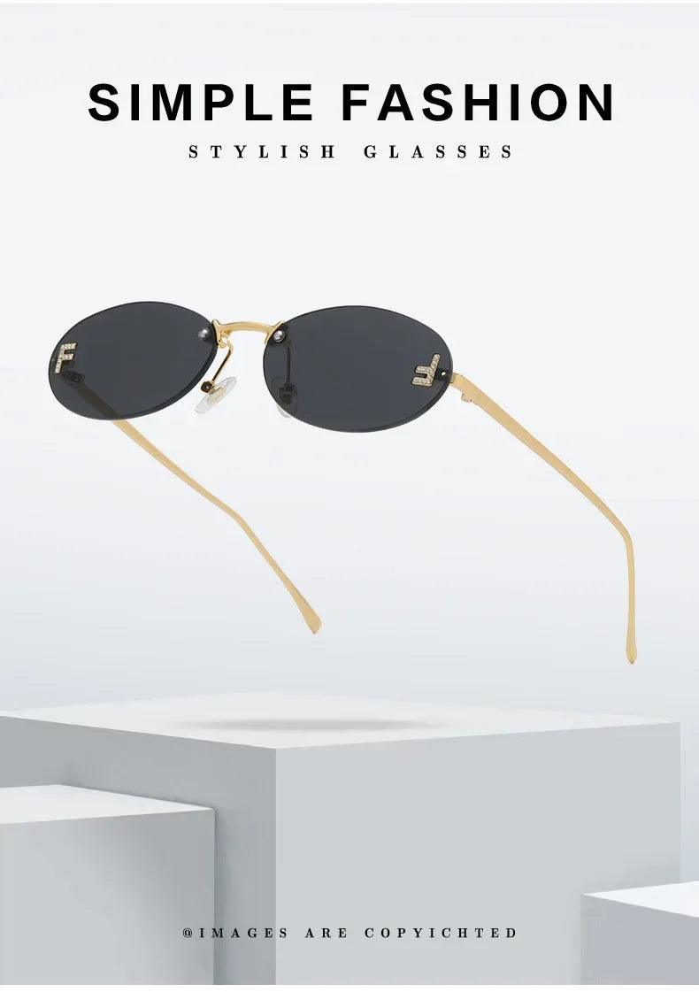 3set Women Fashion Brand Rimless Sunglasses Retro Small Oval Alloy Elegant Gradient Sun Glasses Outdoor Travel Shades Glasses