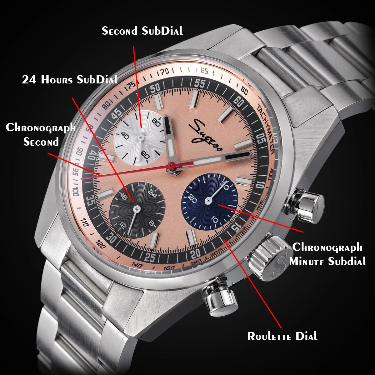 Sugess Mens Watch 38mm Chronograph Mechanical Wristwatches Tianjin Gooseneck Movement Sapphire Crystal Roulette Dial S465 new