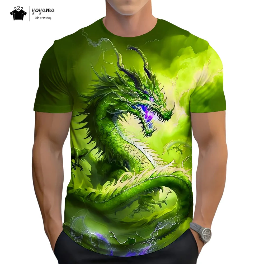 T-shirts de homem com padrão de dragão, manga curta, gola redonda, estilo streetwear, estampado animal 3D, corte largo e versátil, roupa de homem