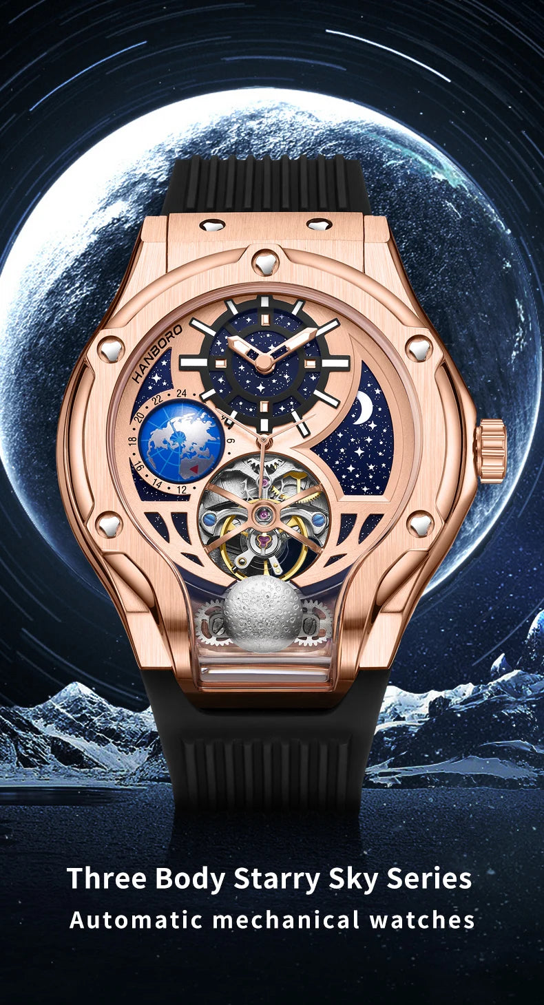 ase Autoy HANBORO Men’s Luxury Automatic Skeleton Watch  Rose Gold Starry Sky Moon Phase Mechanical WristwatchHollow Flywheel Moon Phxury Space Theme Sports Watch 980