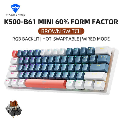 K500-B61 Machenike Mini teclado mecánico, formato 60%, 61 teclas, teclado gaming con cable, teclas totalmente hot-swappable y retroiluminación RGB