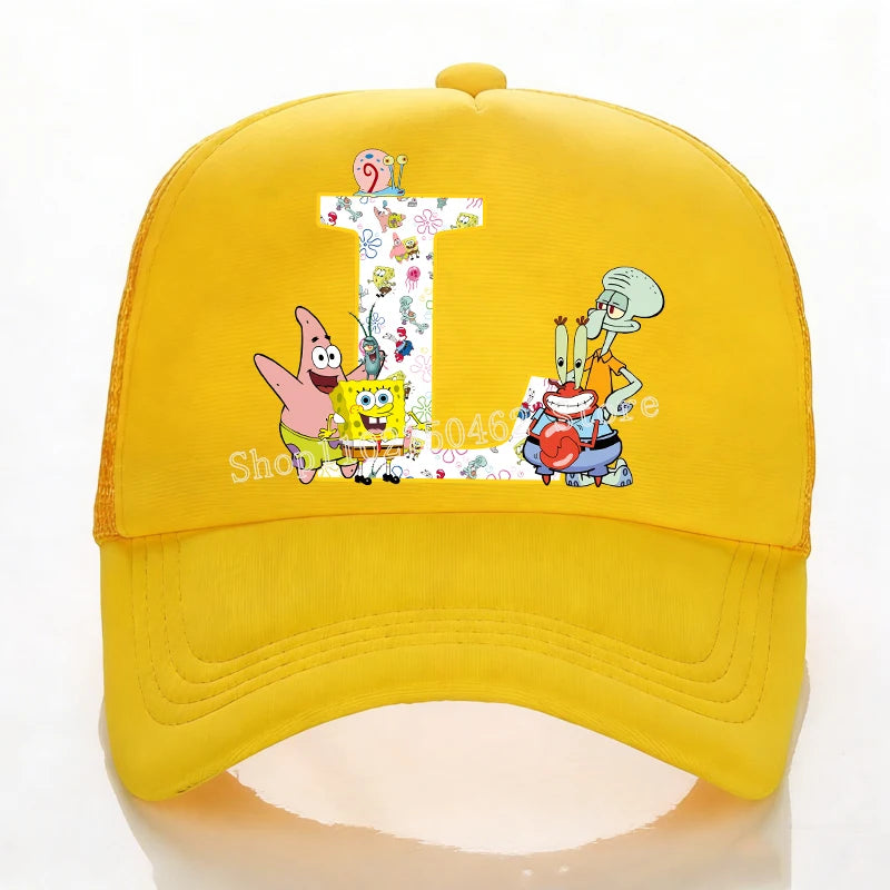 SpongeBobs Baseball Cap Kids Adult Summer Outdoor Sports Sun Hat Child Cute Letter A-Z Sunbonnet Breathable Mesh Headgear Gift