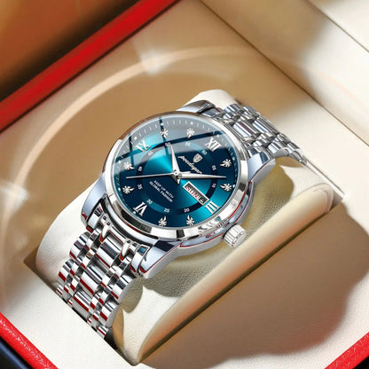 Trendy, luxe POEDAGAR herenpolshorloge, waterdicht, van roestvrij staal, verlicht, met datum en quartz-uurwerk.