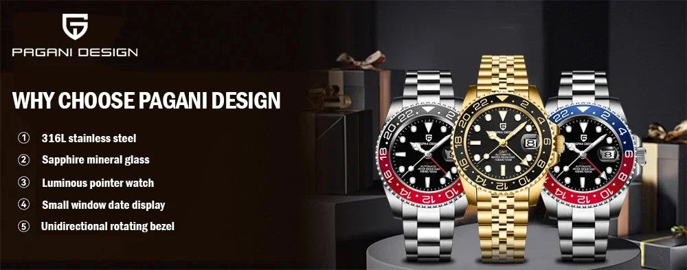 PAGANI DESIGN 40MM GMT Reloj para hombre de lujo con cristal de zafiro AR, reloj mecánico con bisel cerámico, automático, resistente al agua 100M, reloj de regalo