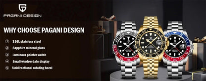 PAGANI DESIGN 40MM GMT Reloj para hombre de lujo con cristal de zafiro AR, reloj mecánico con bisel cerámico, automático, resistente al agua 100M, reloj de regalo
