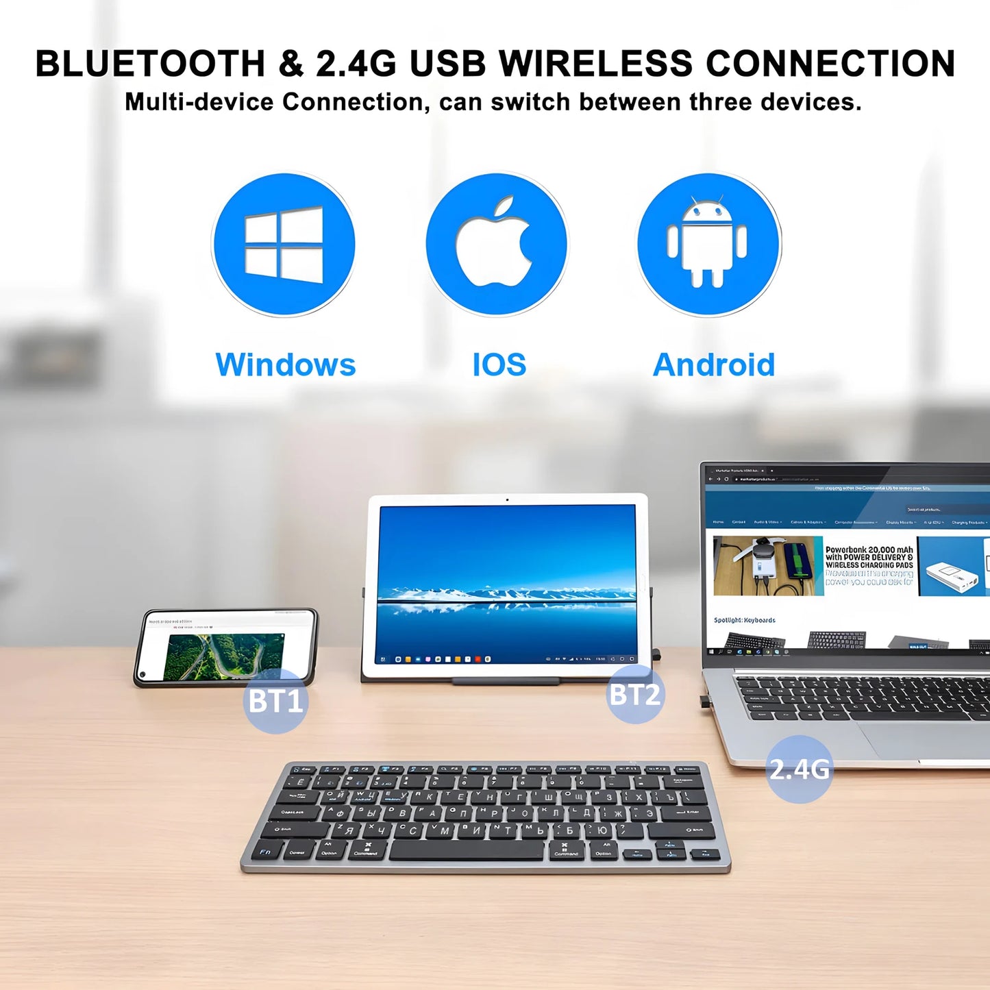 Russian English Layout Slim Wireless Keyboard Bluetooth & 2.4G Dual Mode Keyboard Compact Ergonomic for Windows ios Android