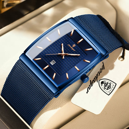POEDAGAR Men’s Luxury Rectangle Quartz Watch Stainless Steel Mesh Strap, Luminous Dial & Date