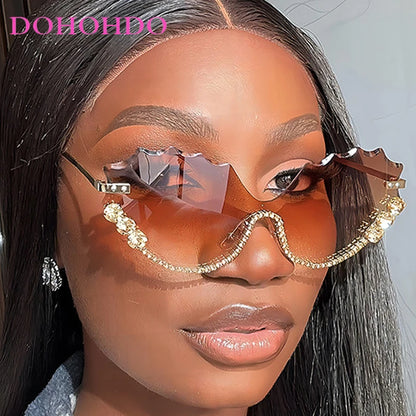 Fashion Luxury Brand Design Diamond Wave Rimless Women Sunglasses Hip Hop Eyewear Outdoor Glasses Unisex Shades Glasses UV400