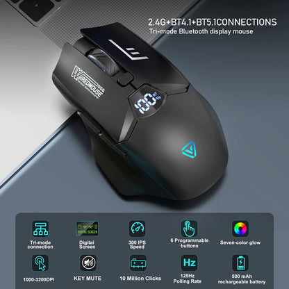 Dvourežimová bezdrátová Bluetooth myš se smart displejem, tichým nabíjením, pro kancelář, gaming, tablet, přenosná univerzální myš
