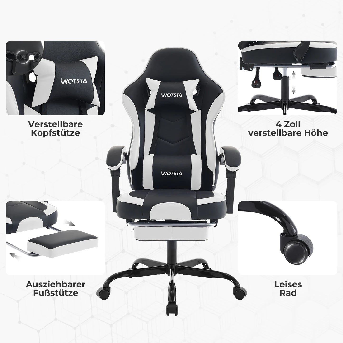 Sedia da gaming WOTSTA con poggiapiedi, sedia gamer ergonomica con cuscino lombare e poggiatesta, sedia per computer regolabile in altezza