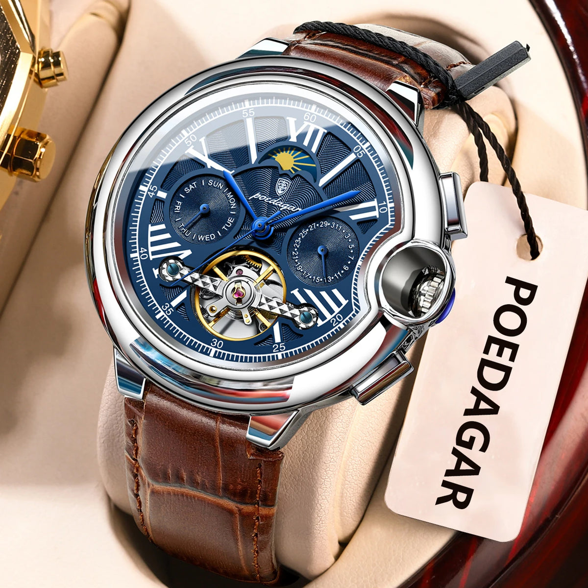 POEDAGAR herenhorloge, luxe en professionele stijl, met datum- en dagweergave, tourbillon, roestvrijstalen kast, automatisch mechanisch uurwerk en waterdicht.