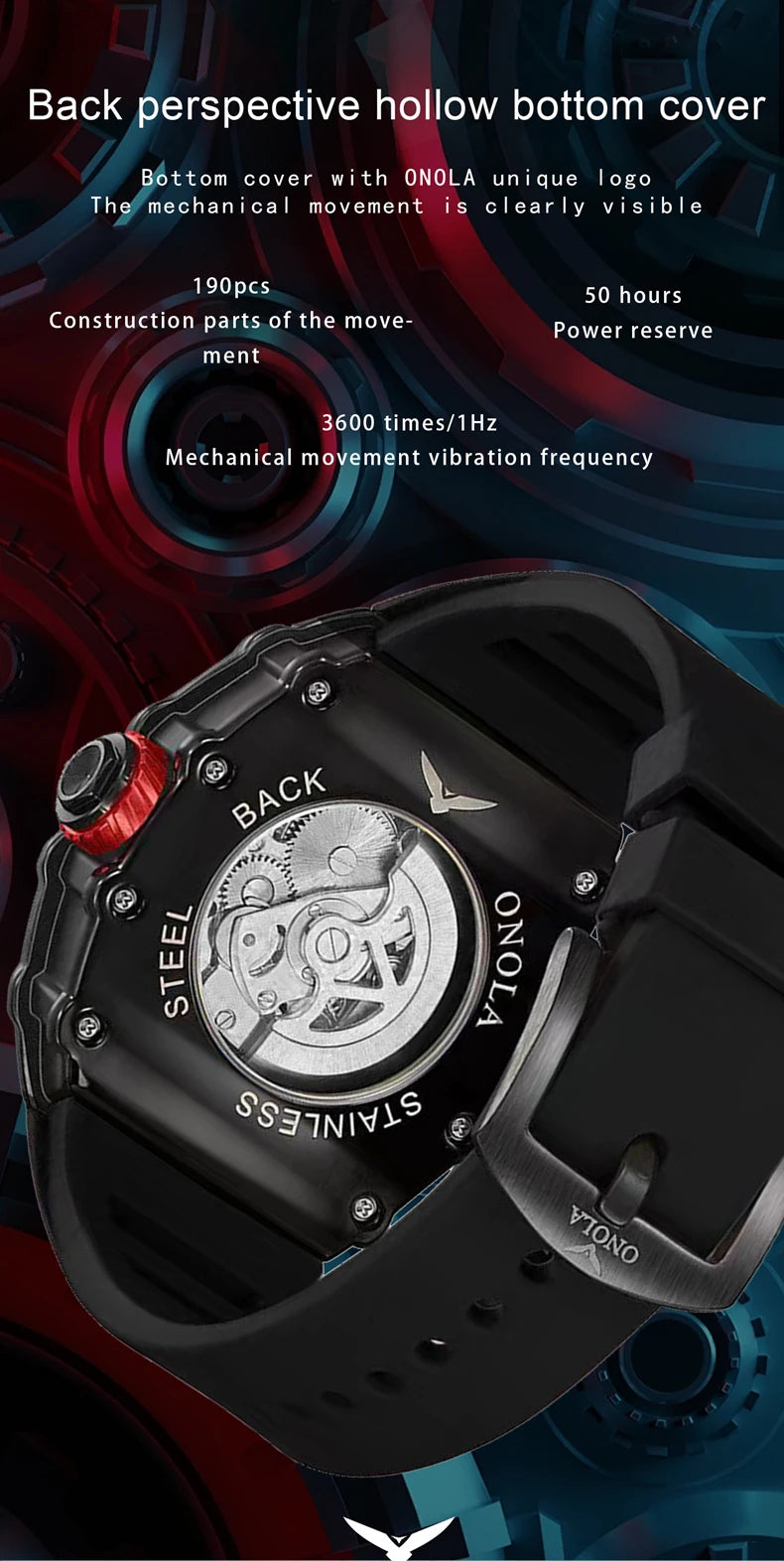 Fashion Luxury Men's Watch ONOLA Hollow Out Rudder Flywheel Fully Automatic Mechanical Waterproof Silicone Watches Clock