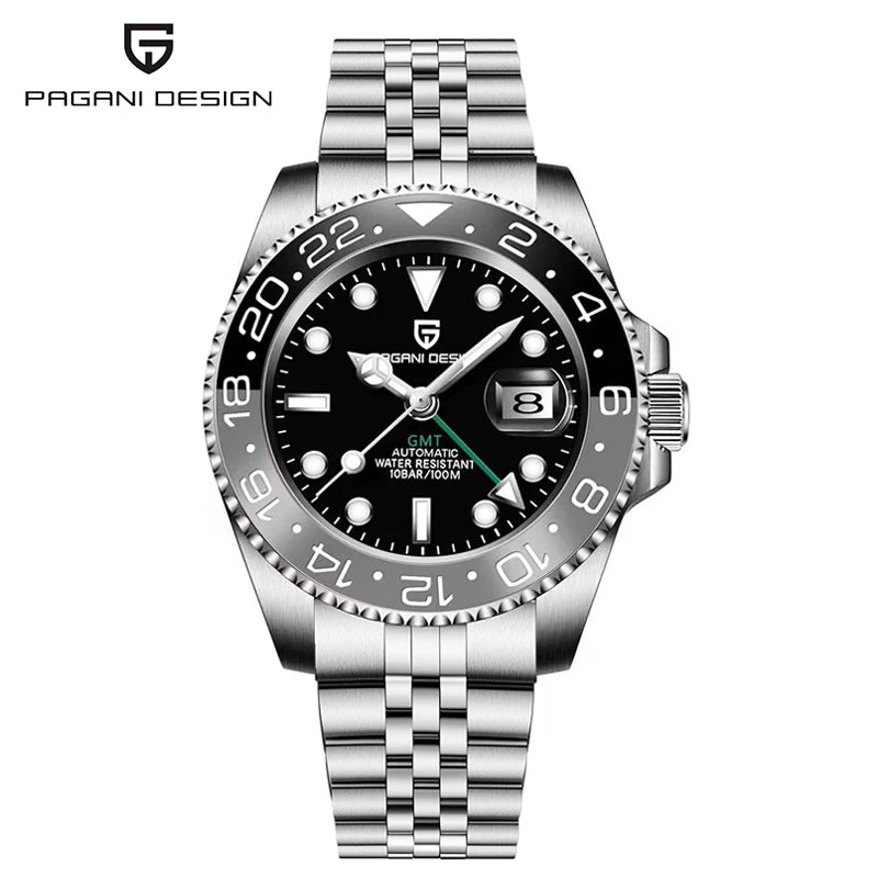 PAGANI DESIGN 40MM GMT Reloj para hombre de lujo con cristal de zafiro AR, reloj mecánico con bisel cerámico, automático, resistente al agua 100M, reloj de regalo