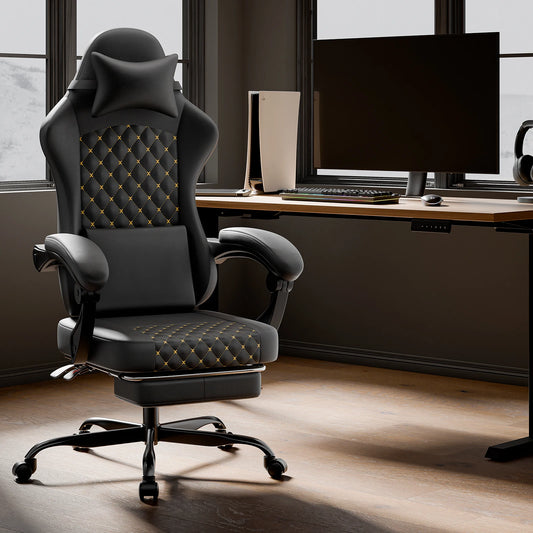 PINGGO Ergonomic Game Chair with Footrest Massage PVC Leather Office Chair for PC Gaming Weight Capacity 150kg