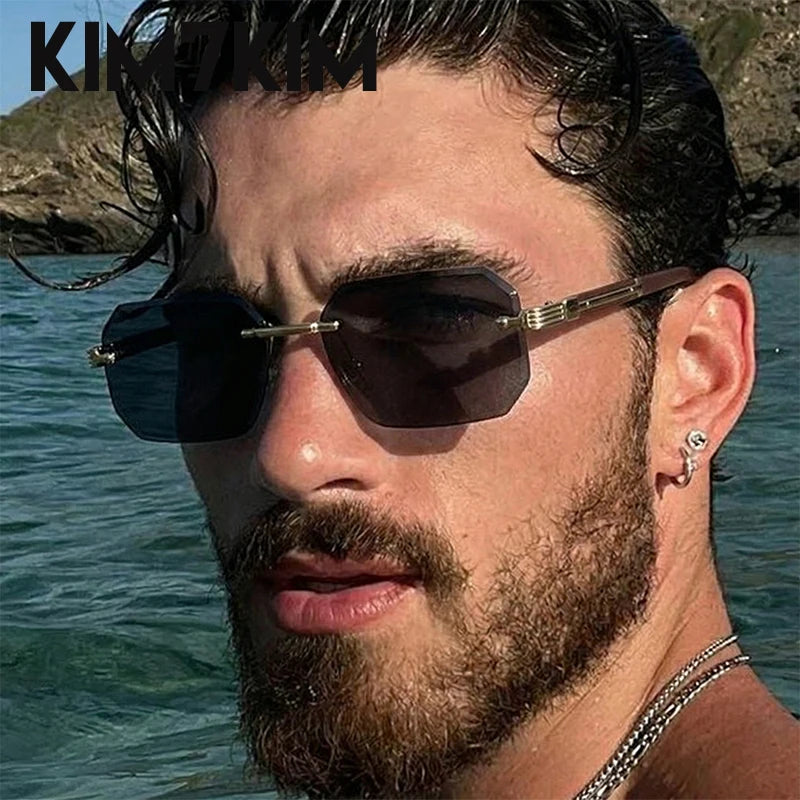 Rimless Rectangle Sunglasses Men 2026 Luxury Design Vintage Geometric Square Sun Glasses Male Retro Punk Eyewear Driving Shades