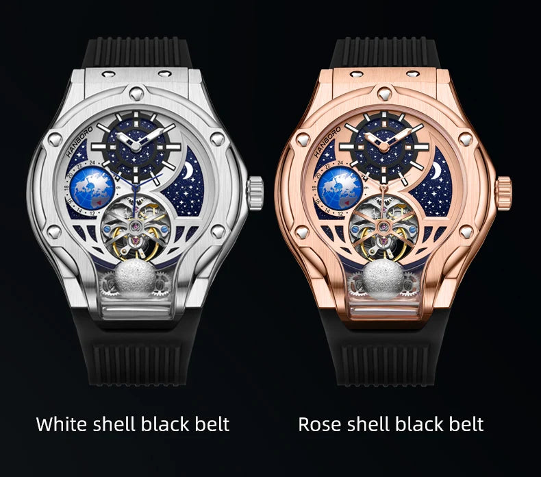 ase Autoy HANBORO Men’s Luxury Automatic Skeleton Watch  Rose Gold Starry Sky Moon Phase Mechanical WristwatchHollow Flywheel Moon Phxury Space Theme Sports Watch 980