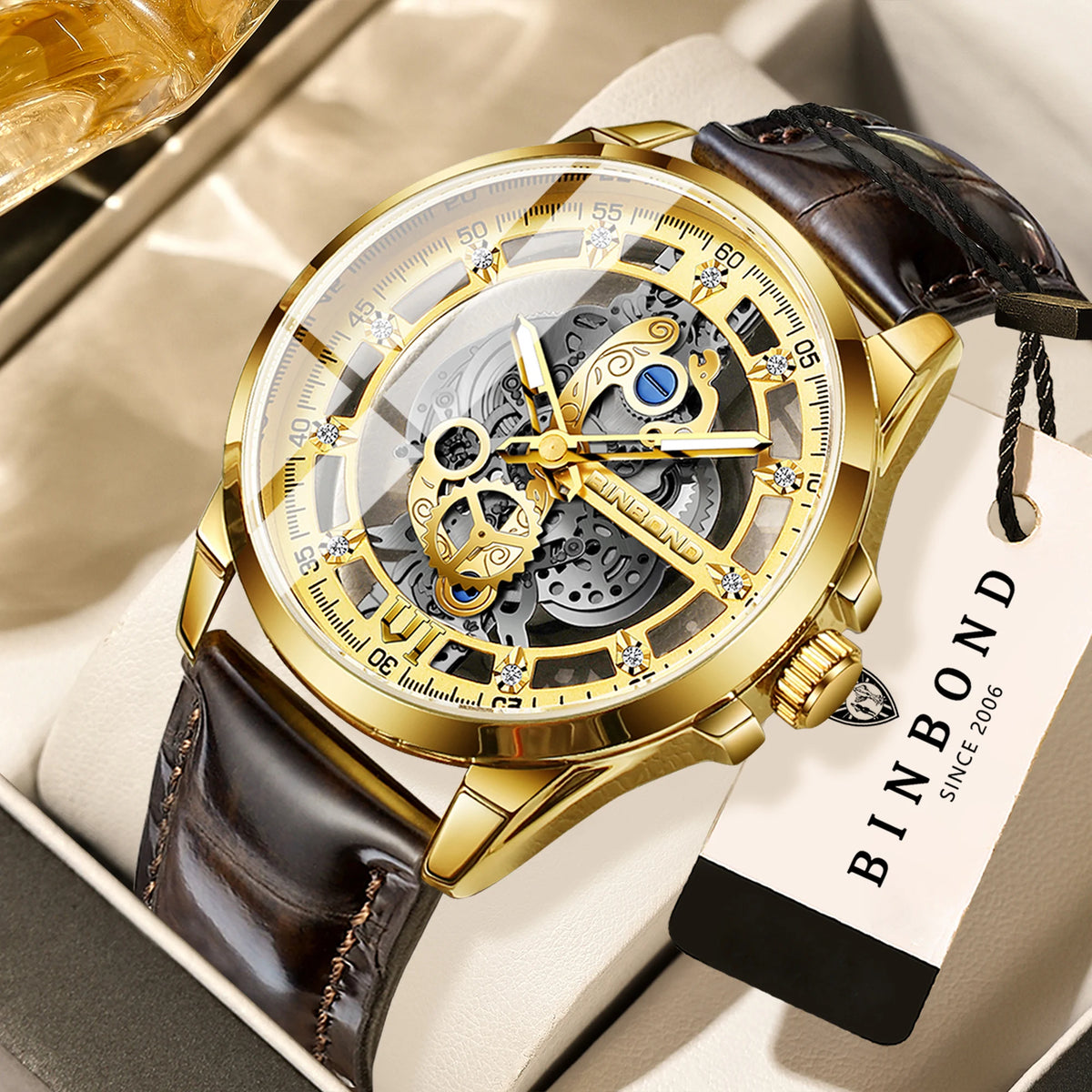 Vintage openwork BINBOND quartz wristwatch for men, luminous, water-resistant, accurate and durable, casual style.