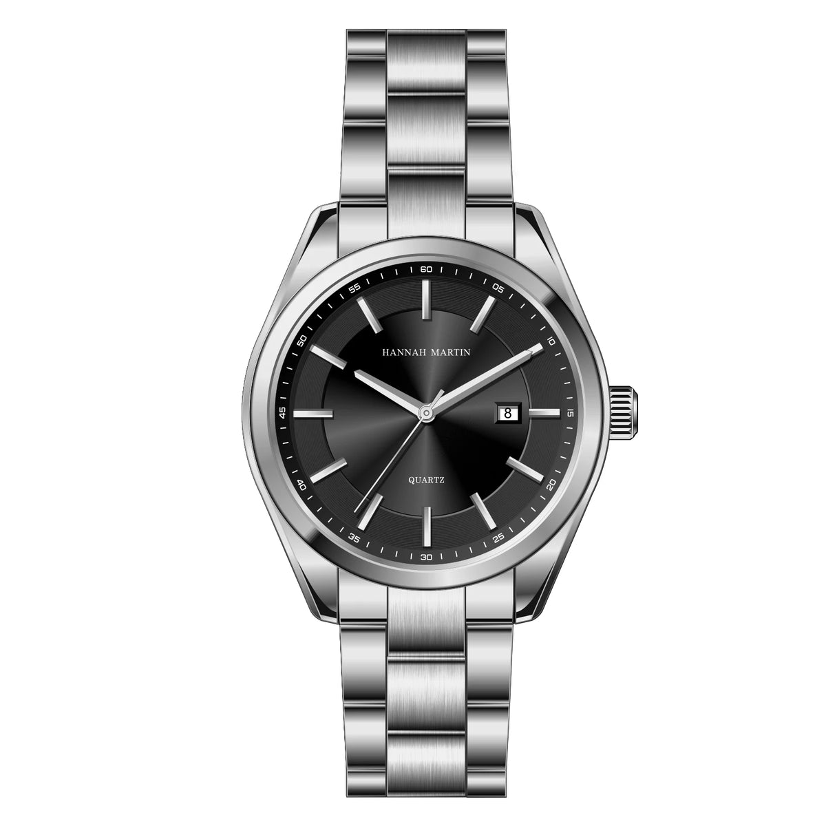 HANNAH MARTIN quartzhorloge, 40 mm, voor heren, zwarte roestvrijstalen armband, waterdicht tot 3 bar, sport-chique stijl