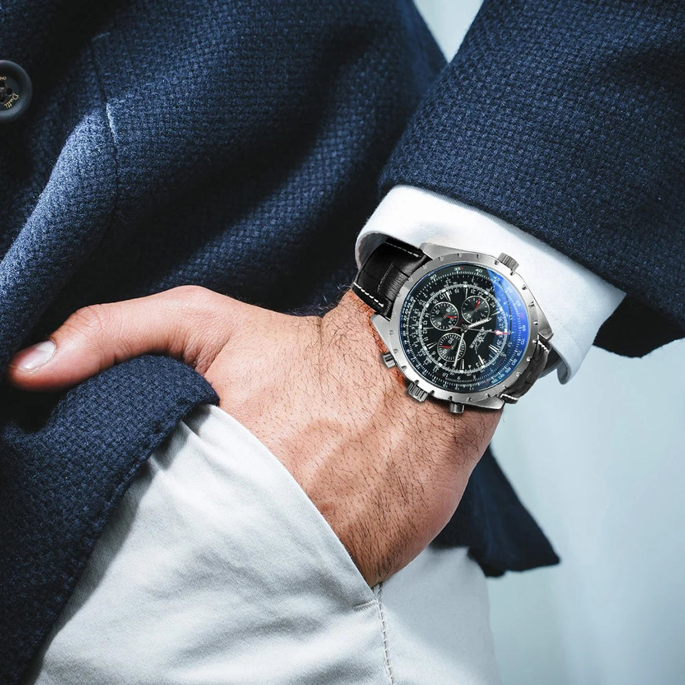 JARAGAR Men’s Luxury Automatic Mechanical Watch  Military Sport Design, Multifunction Dial & Leather Strap