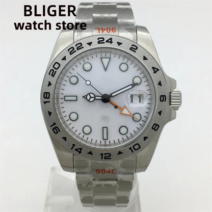 BLIGER 40mm/43mm Japan NH34 GMT Men's mechanical watch green luminous white dial sapphire glass stainless steel strap