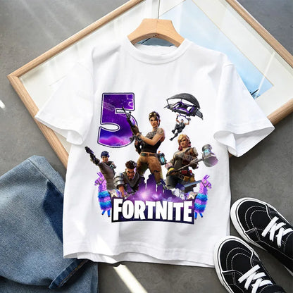 Fortnite Kindergeburtstag Zahlen-T-Shirt für Mädchen und Jungen, Sommerkleidung, Baby-Baumwoll-T-Shirt, Party-Kurzarm-Oberteil, Geschenk für Kleinkinder